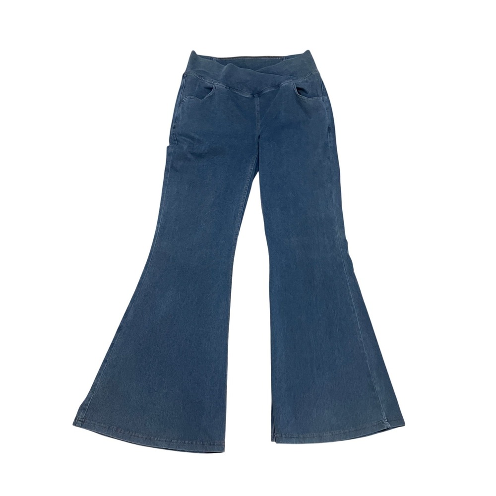 Halara Large Denim Blue Crossover High Waisted Flare Pull On Leggings Pants